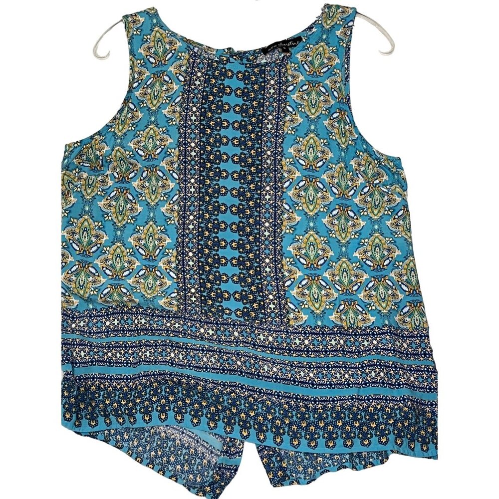 Ava Christine Sleeveless Boho Print Top Size M Button Back Blue/Yellow crew